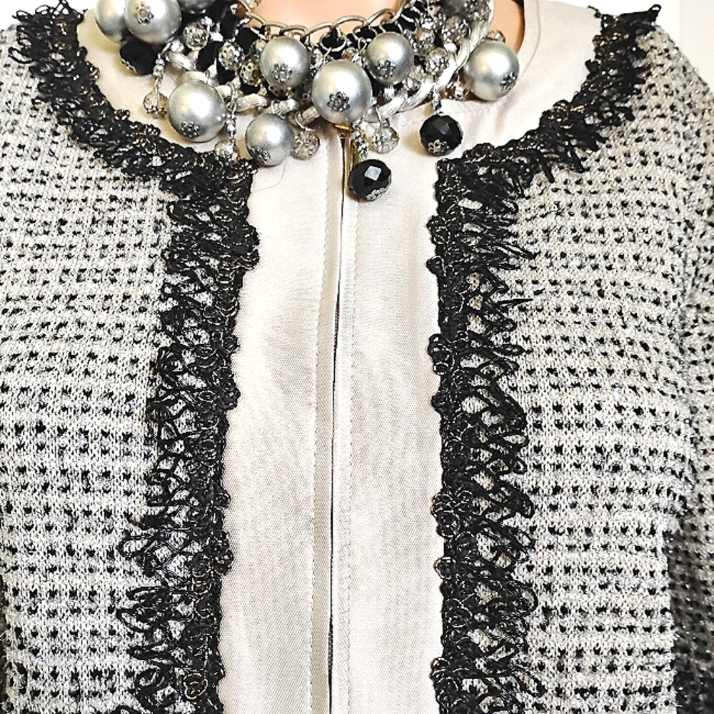 St John Couture Boucle Eyelash Black Silver Silk Metallic Knit Skirt Suit 12 14 - Picture 5 of 13